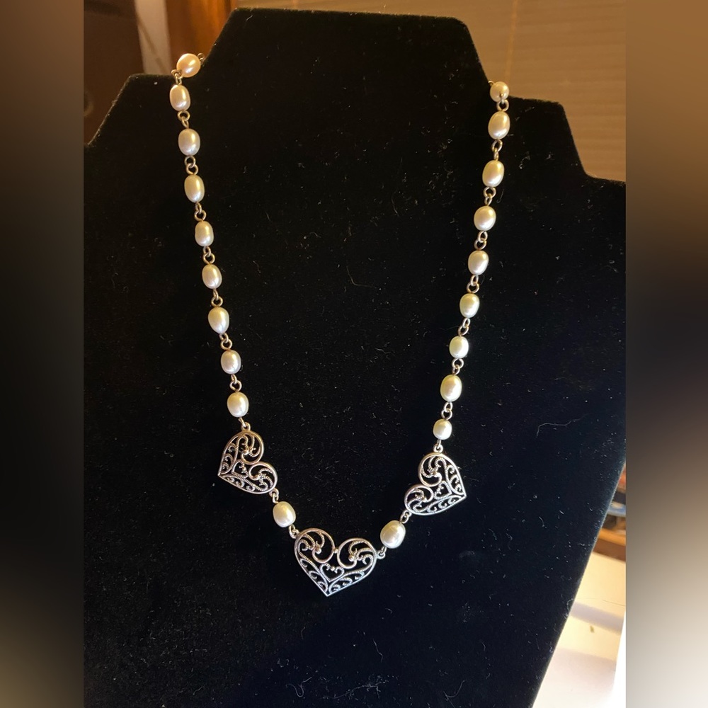 Vintage Bohemian Sterling Silver and Freshwater Pearl Three Heart Necklace, 16”